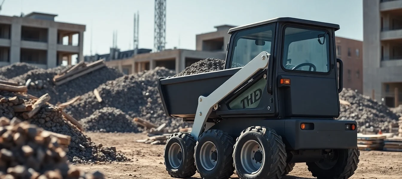 Dumper rental service with a compact dumper moving gravel on a busy construction site for quick material handling.