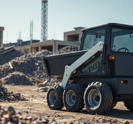 Dumper rental service with a compact dumper moving gravel on a busy construction site for quick material handling.