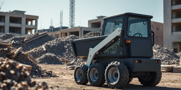 Dumper rental service with a compact dumper moving gravel on a busy construction site for quick material handling.
