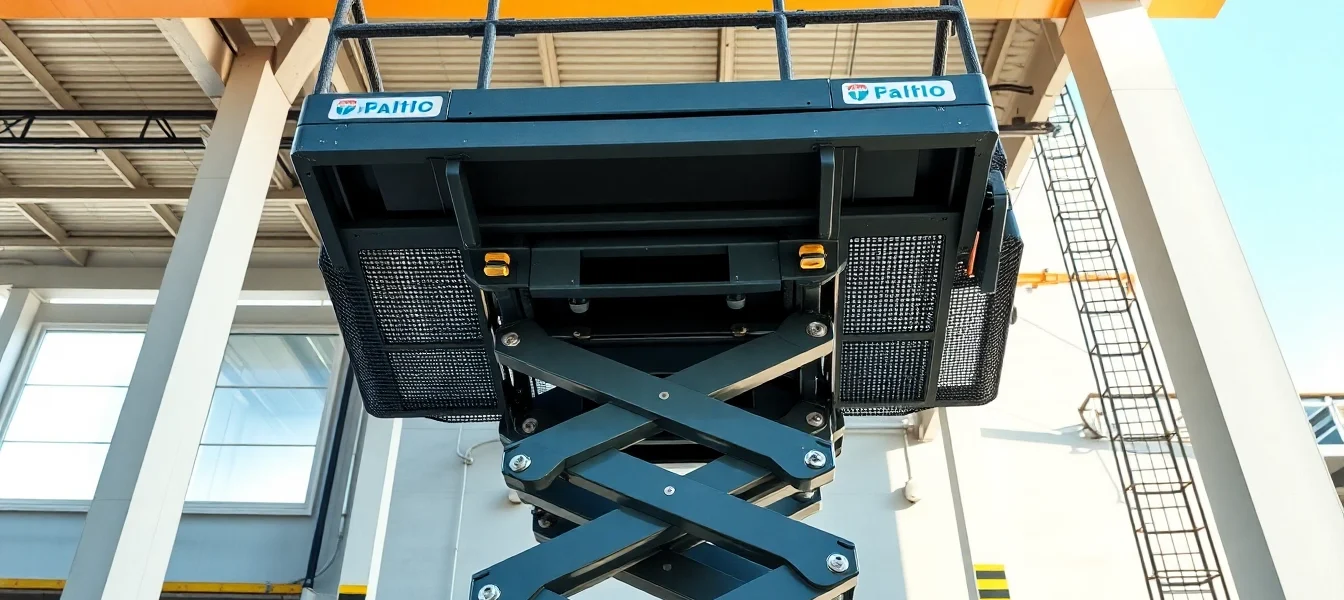 High-quality scissor lift rental for construction projects, showcasing a versatile electric model in action at a busy site, highlighting safety and accessibility.