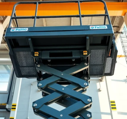 High-quality scissor lift rental for construction projects, showcasing a versatile electric model in action at a busy site, highlighting safety and accessibility.