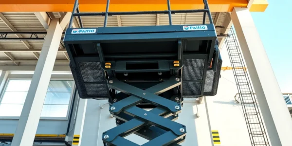 High-quality scissor lift rental for construction projects, showcasing a versatile electric model in action at a busy site, highlighting safety and accessibility.