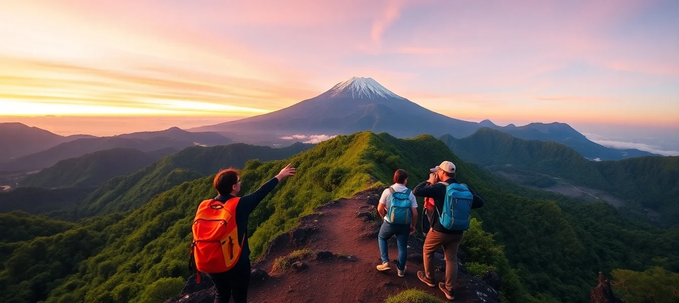 Hikers ascending Mount Rinjani at sunrise with lush green mountains and colorful sky