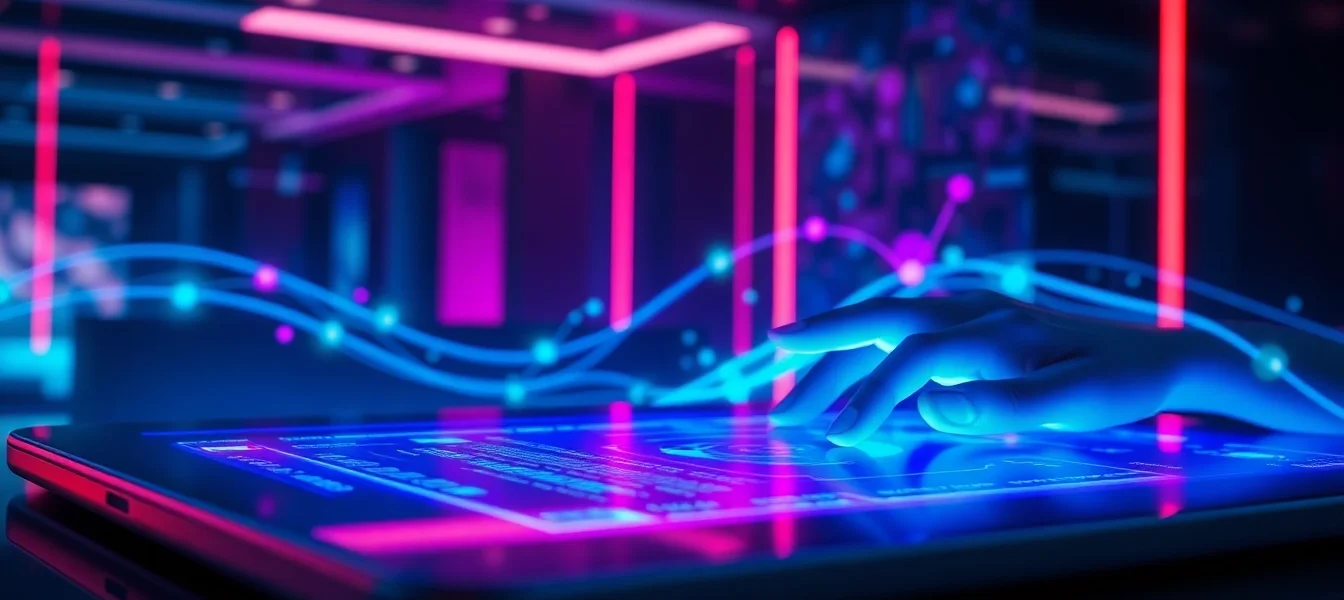 Futuristic AI chatbot interface with neon lights and holographic data streams in a modern setting.