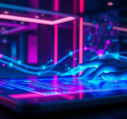 Futuristic AI chatbot interface with neon lights and holographic data streams in a modern setting.