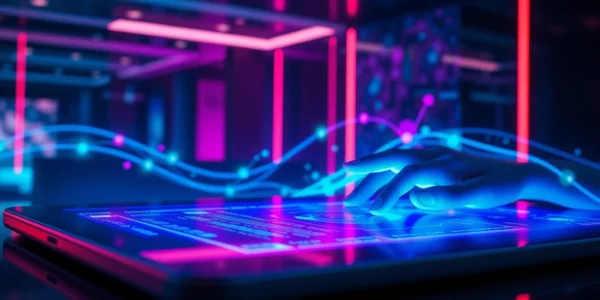 Futuristic AI chatbot interface with neon lights and holographic data streams in a modern setting.