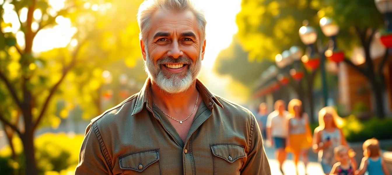 Attractive older man standing confidently outdoors in a park during golden hour, with sunlight highlighting his features and a lively Disneyland background.