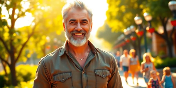 Attractive older man standing confidently outdoors in a park during golden hour, with sunlight highlighting his features and a lively Disneyland background.
