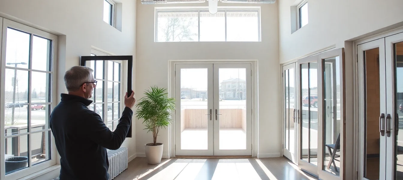 Engaged shopper in a window and door company showroom, checking a modern frame.