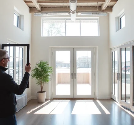 Engaged shopper in a window and door company showroom, checking a modern frame.