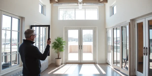 Engaged shopper in a window and door company showroom, checking a modern frame.